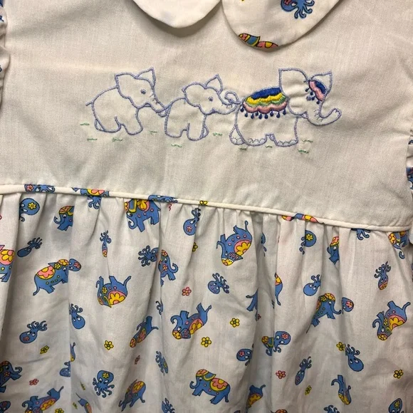 Vintage 70’s/80’s White Cotton Baby Dress with Blue & Yellow Elephant Print - Picture 2 of 13